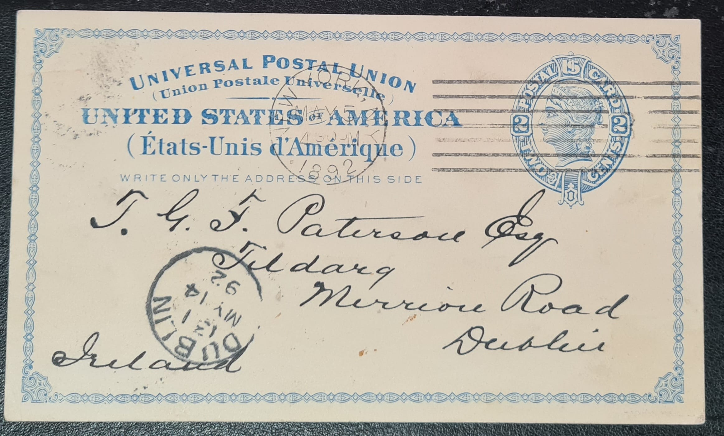 U S Postal Stationery Postcard New York to Dublin 1892.