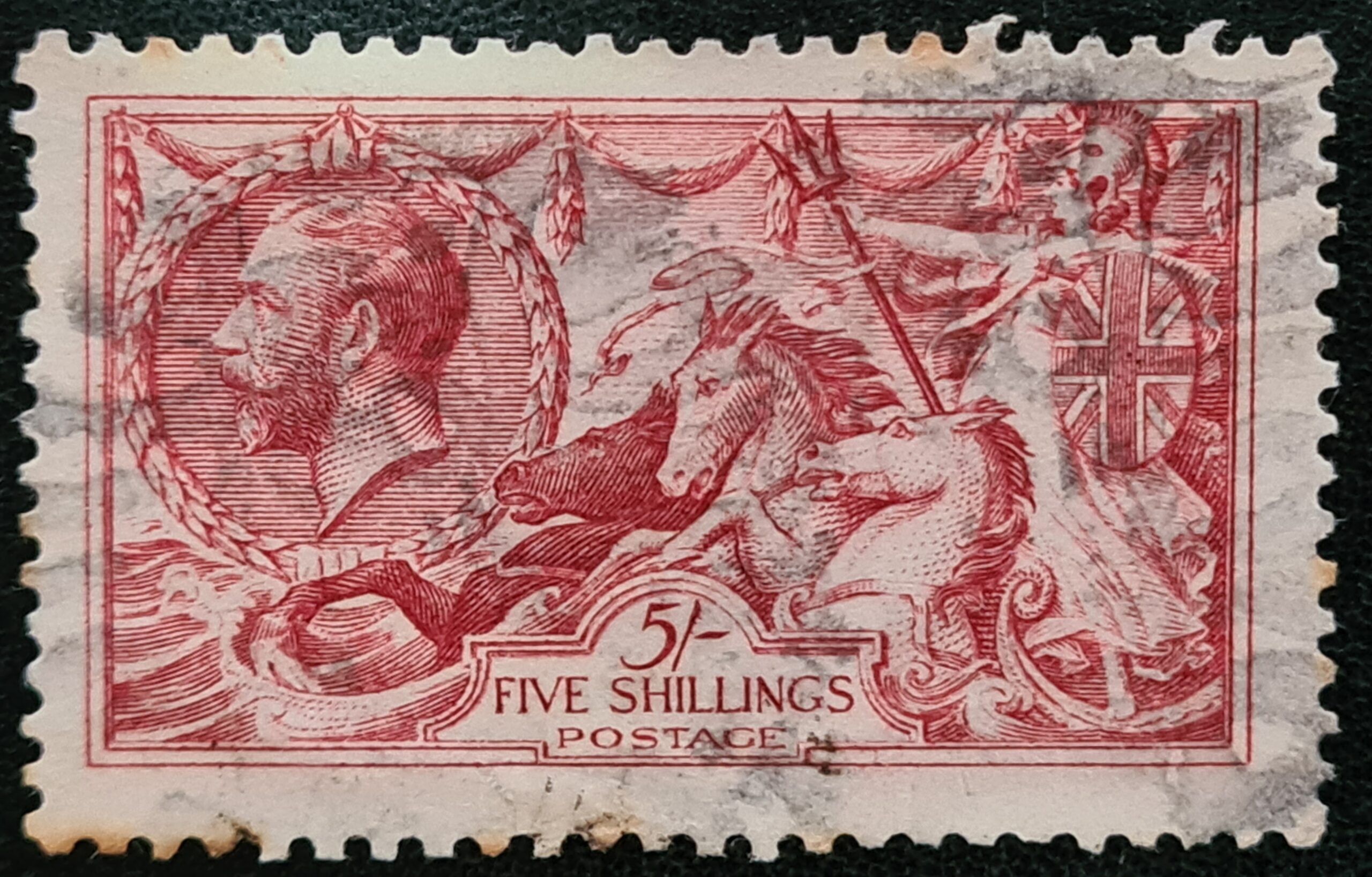 Great Britain King George V 1915 De La Rue SG409, 5/- Bright-Carmine Seahorse Used