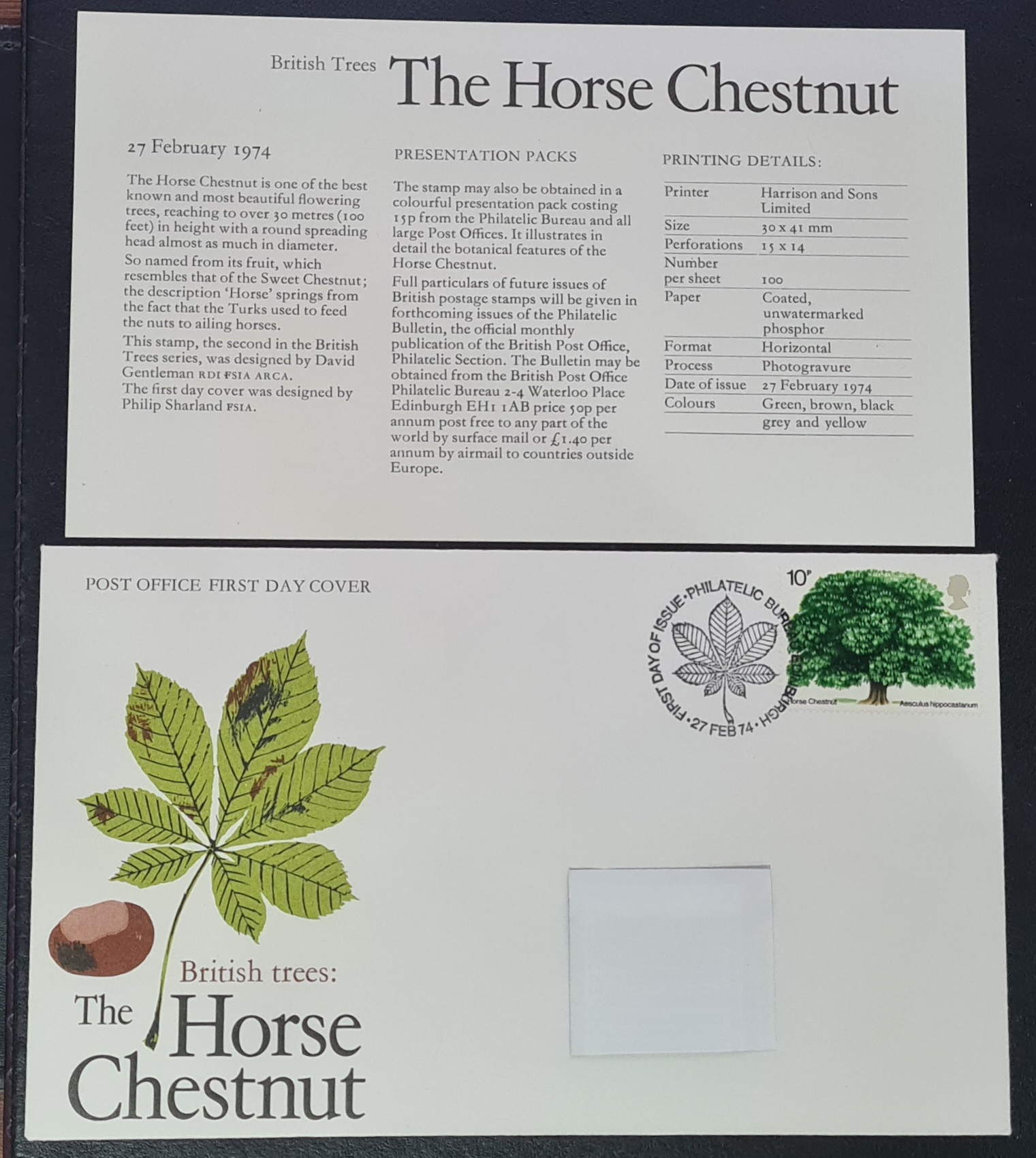 Great Britain 1974 First Day of Issue "THE HORSE CHESTNUT" 27 FEB 1974 EDINBURGH