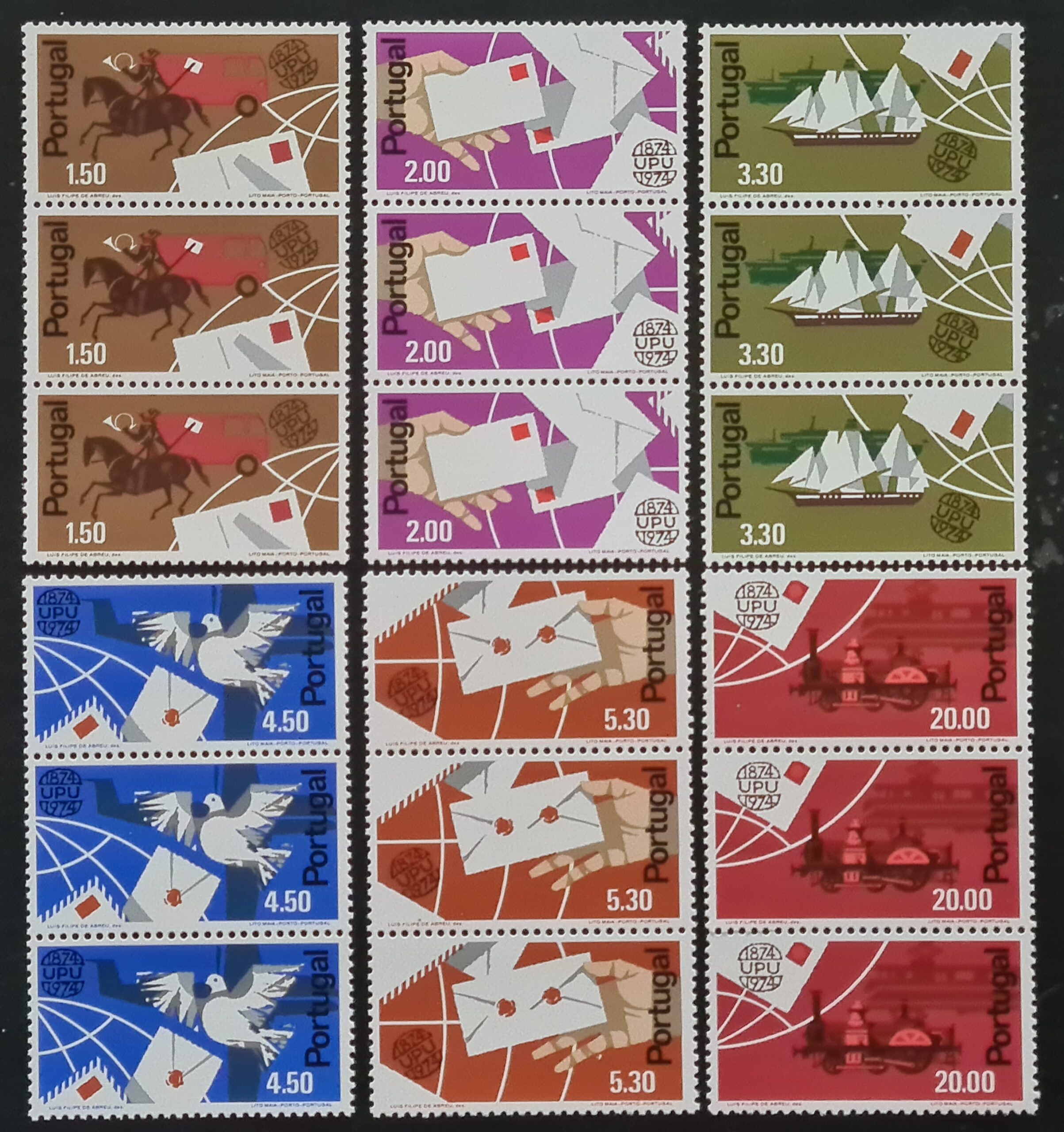 Portugal 1974 'U.P.U.' SG1536-1541 Set of 6 Strips (3) MNH