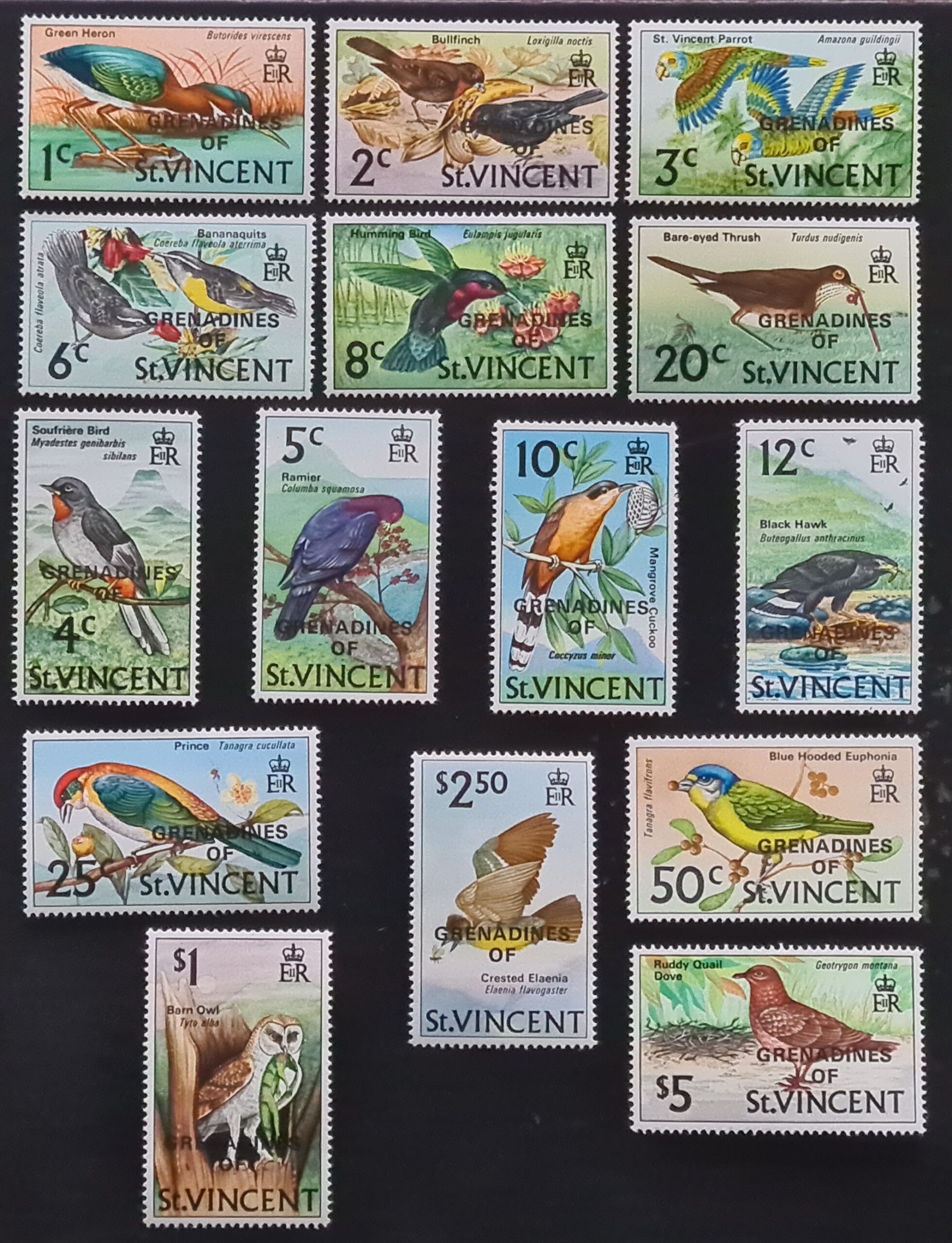 St Vincent 1974 'Birds' Complete Set of 15 Optd. "GRENADINES OF" MNH
