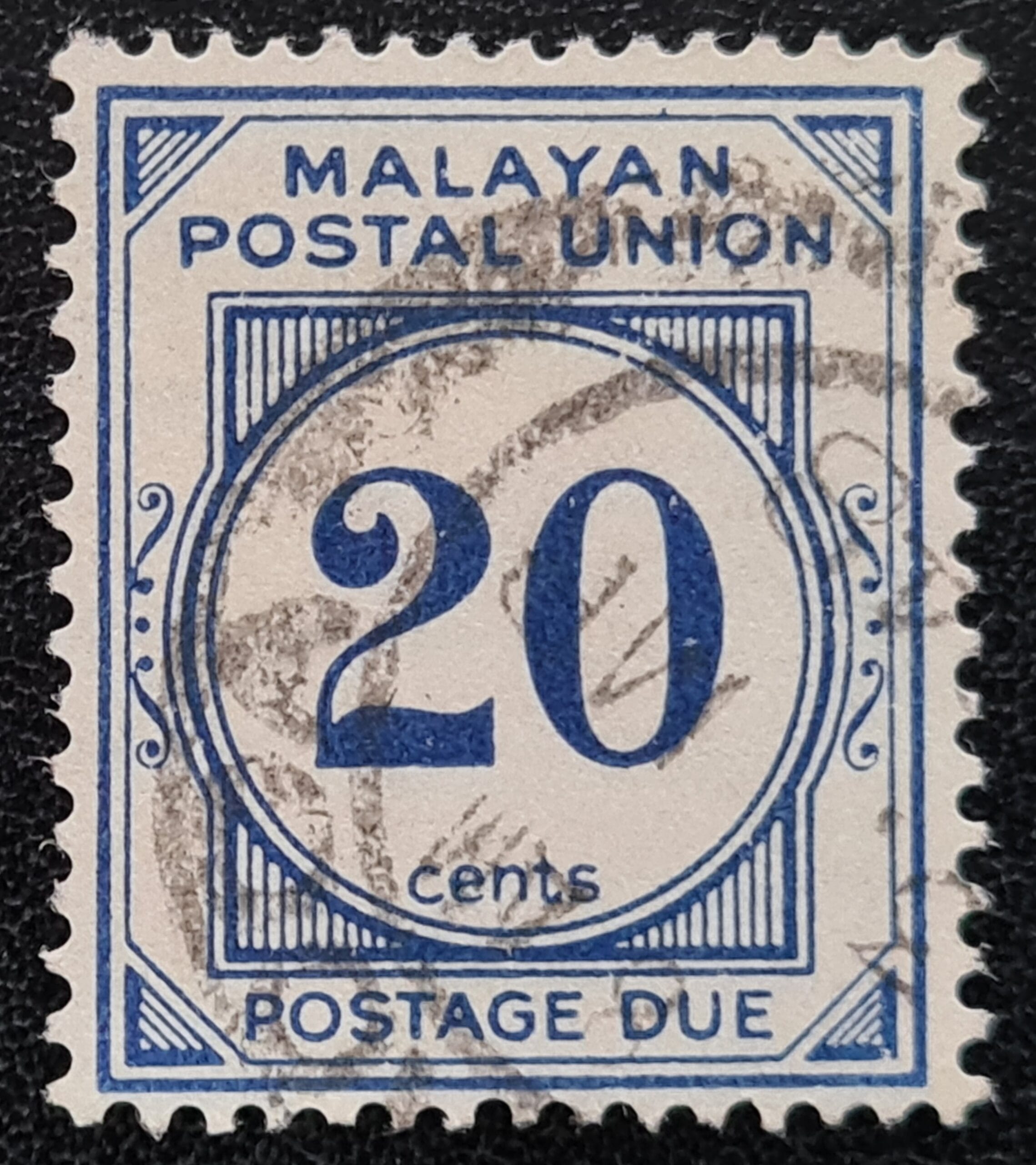 Malayan Postal Union 1948 SG D13 20c. blue used