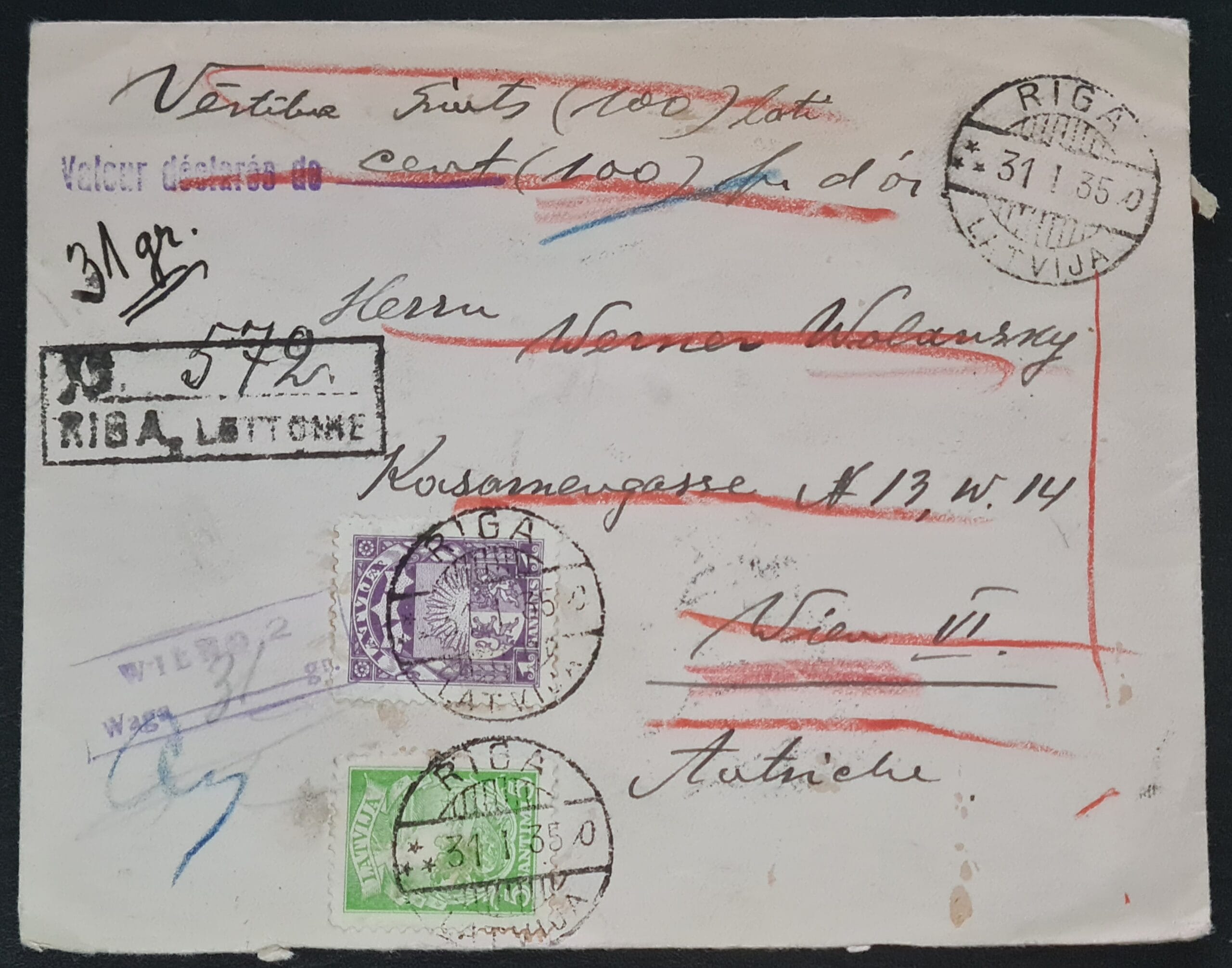 Latvia 1935 Cover Riga - Wien 31/1/1935 - Image 2