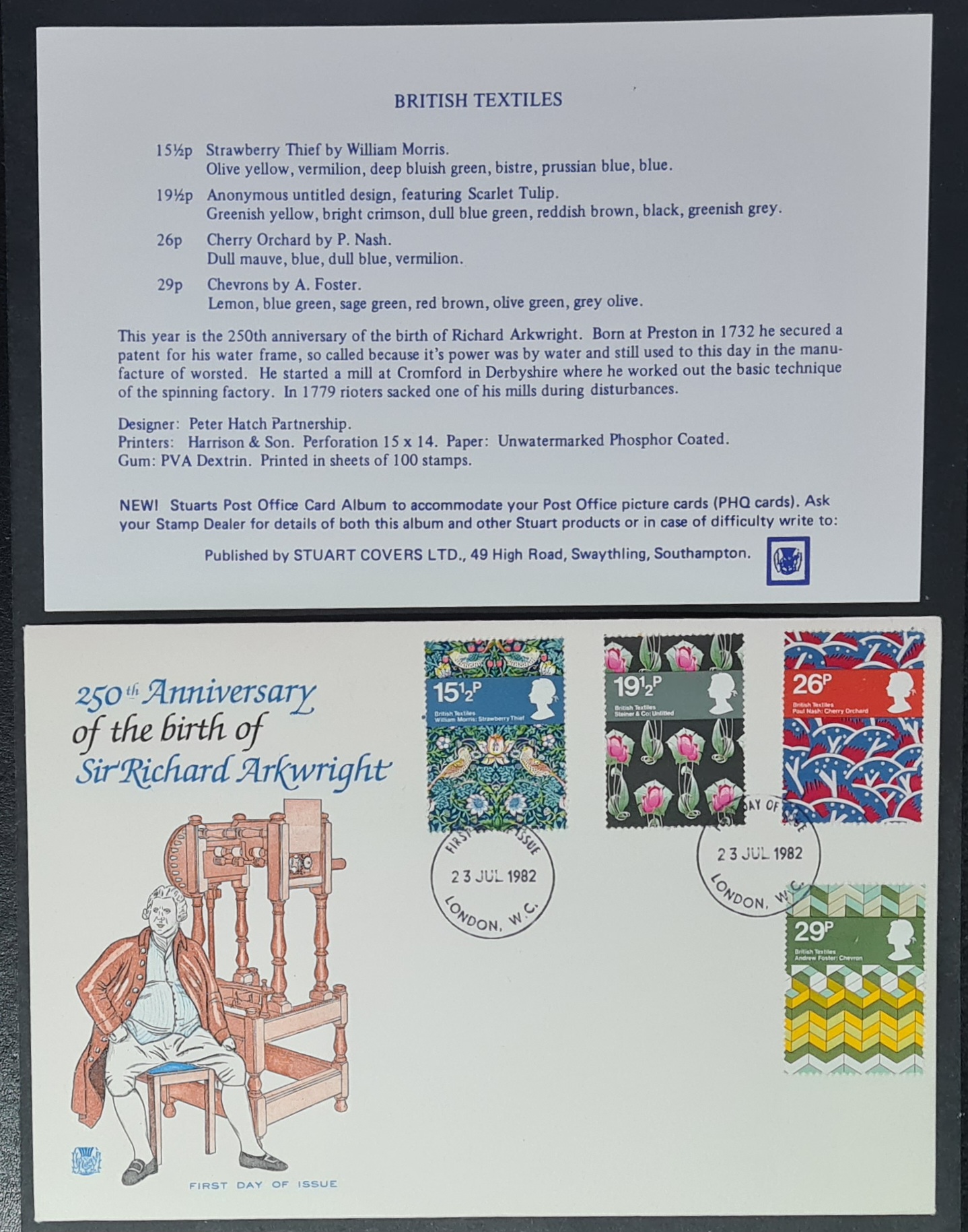 Great Britain First Day Cover 'British Textiles-Sir Richard Arkwright' 23JULY1982 LONDON Unaddressed