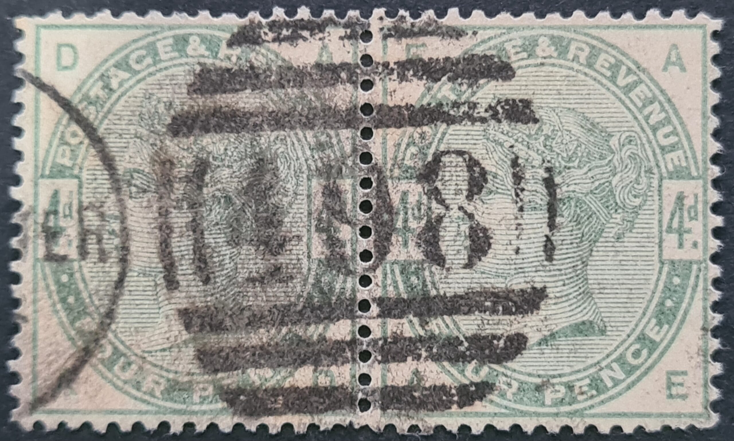 Great Britain Queen Victoria 1884 SG192 4d dull green AD-AE Pair Used Stamps