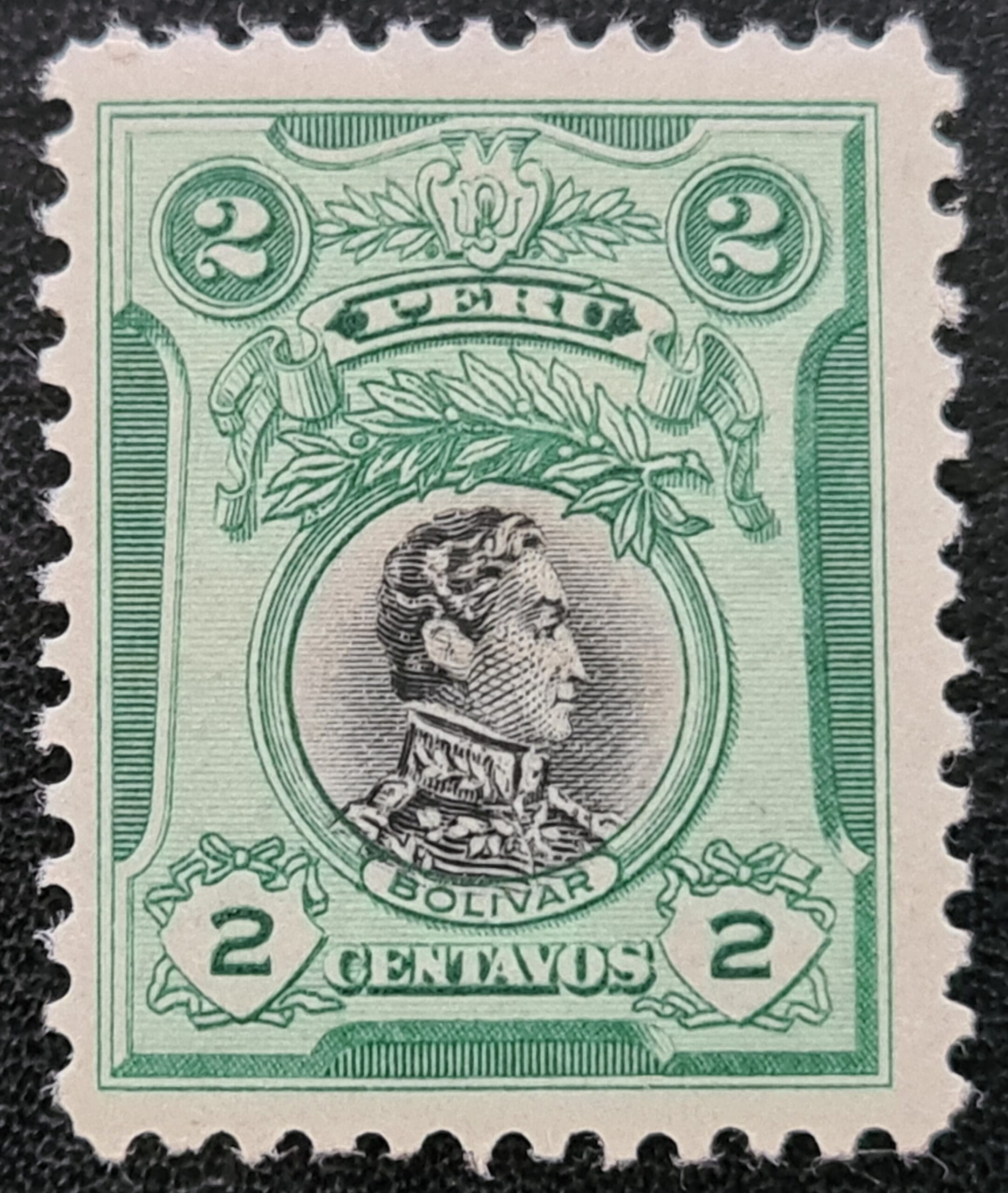 Peru 1918 'Portraits-Bolivar' SG407V 2c black & green Mounted Mint