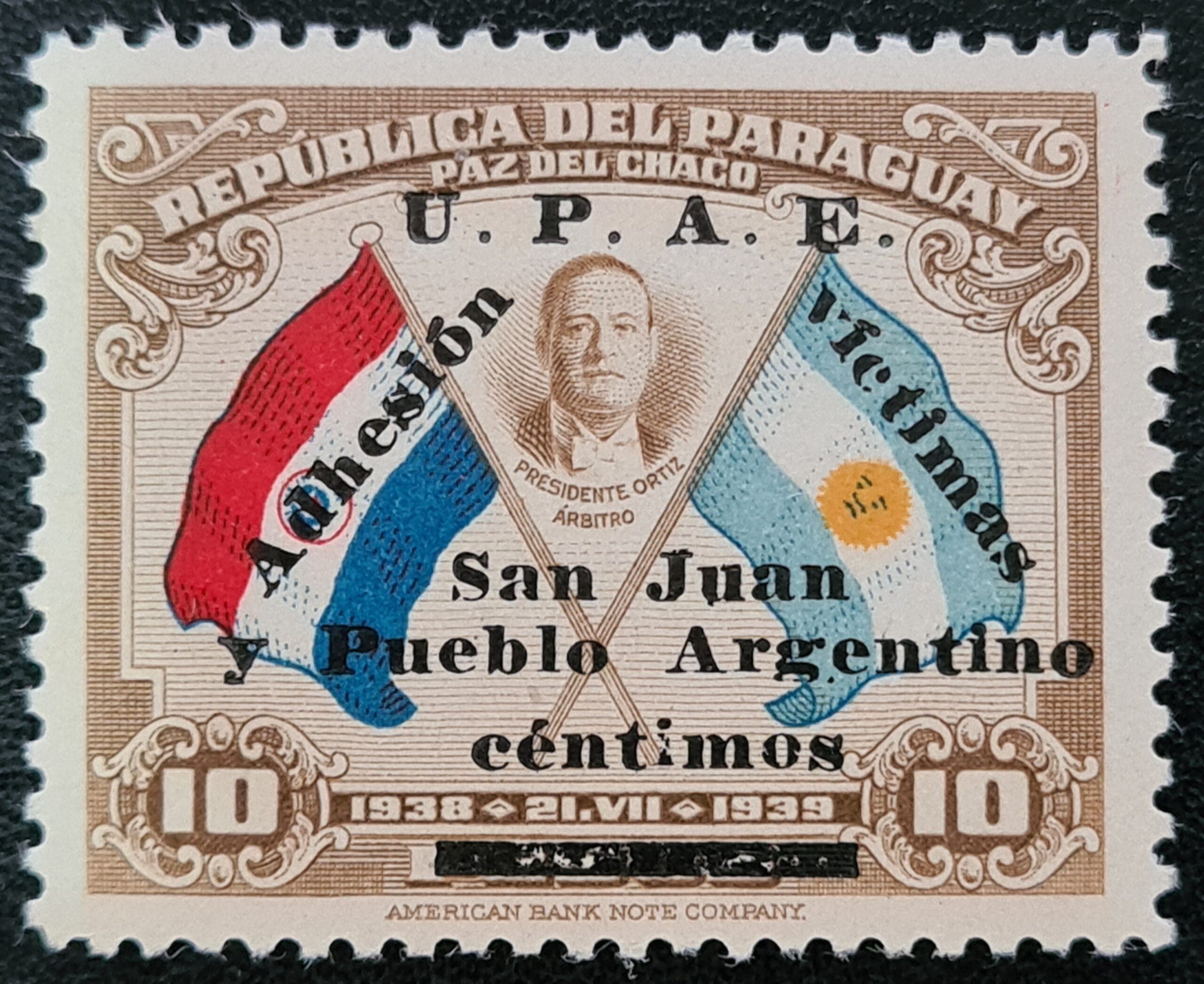 Paraguay 1944 'St. Juan Earthquake Fund.' SG583 E 10c on 10p brown MNH