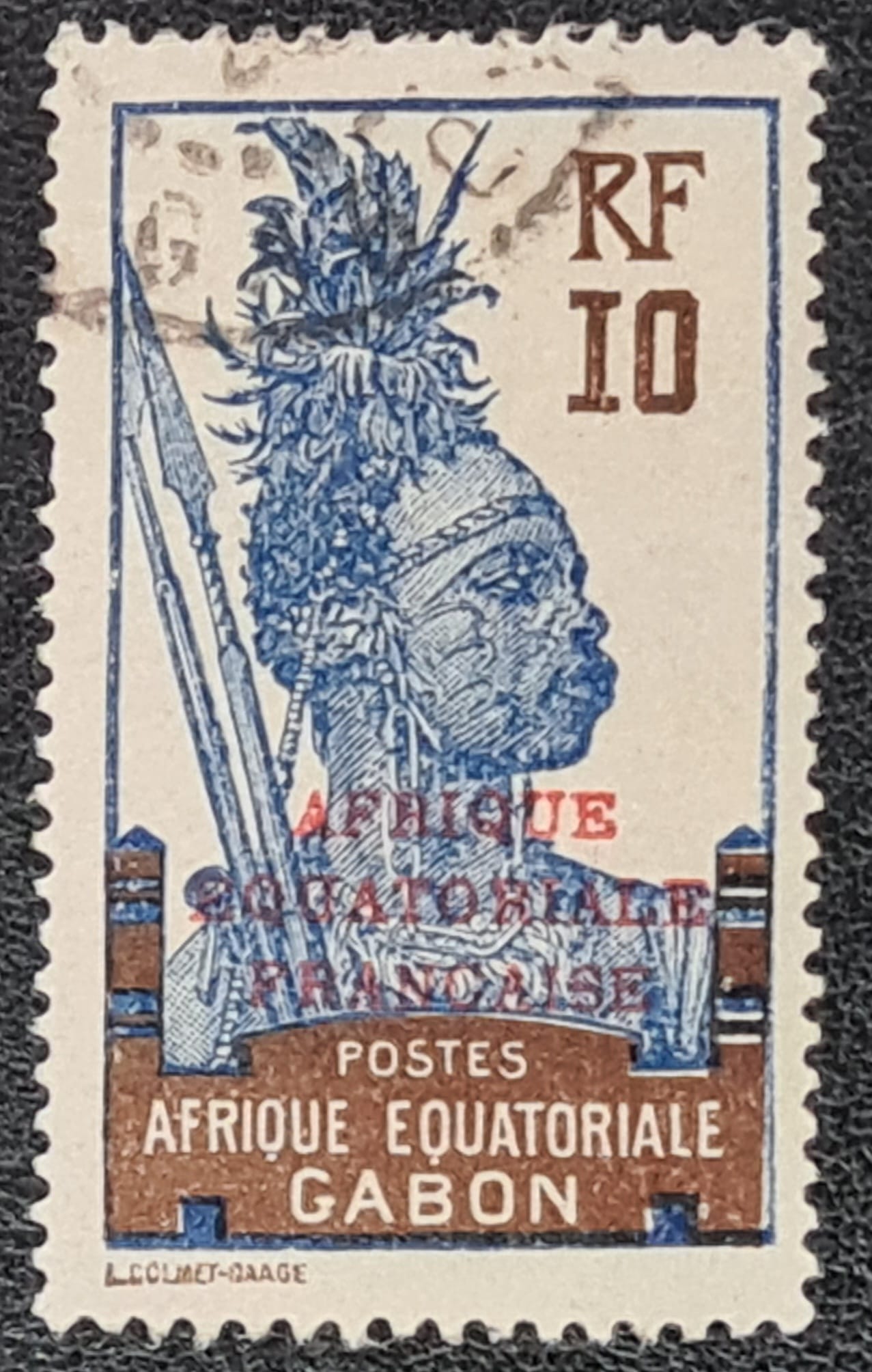 French Gabon 1924 SG93 10c. blue and brown used stamp